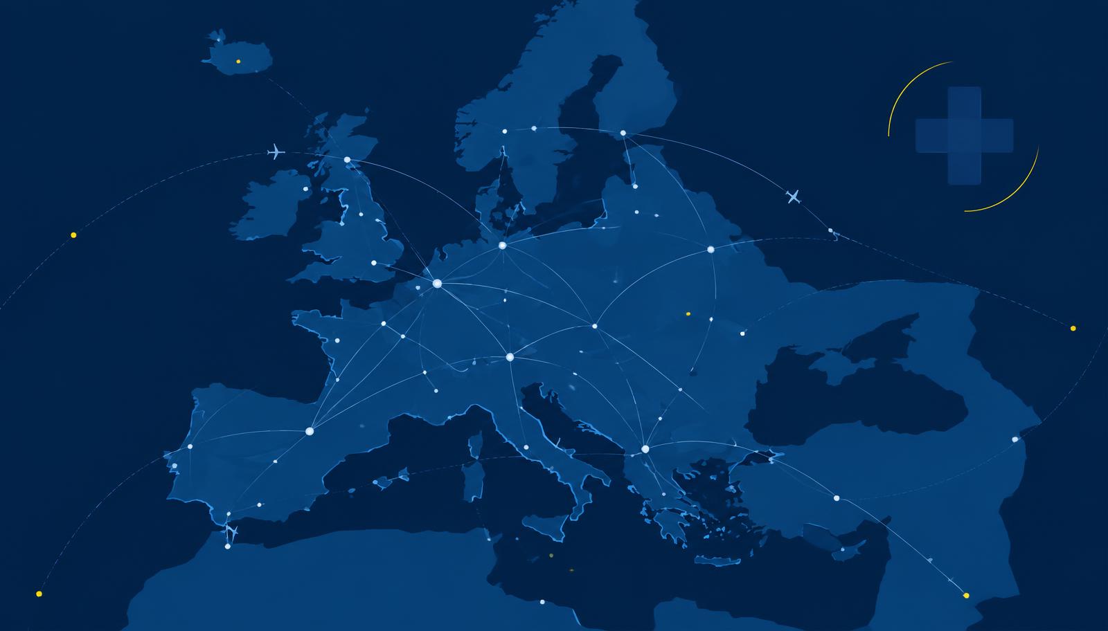 Carte stylisée de l'Europe reliée par des routes aériennes
